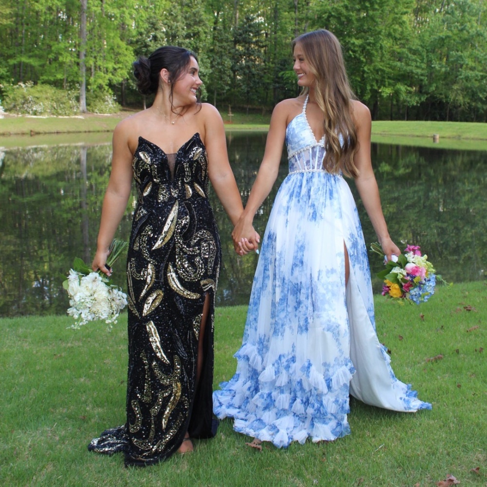 Black and gold strapless PROM dress